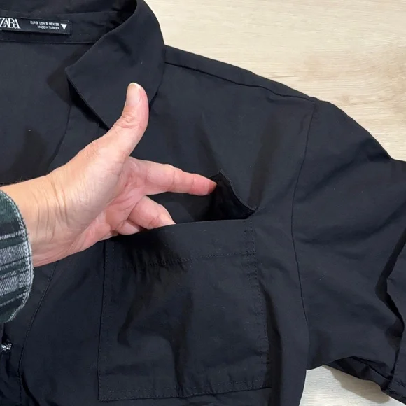 Zara Black Poplin Utility Safari Crop Top W/ Knot short sleeve size S - Picture 12 of 13